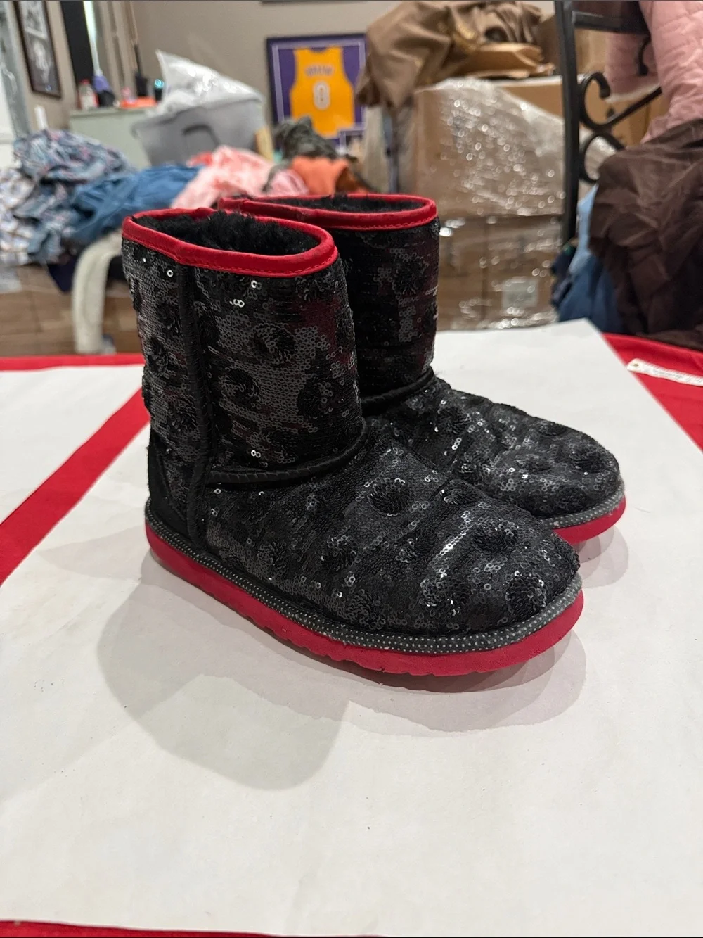 UGG Disney Kids Black Sequin Boots with Red Trim
